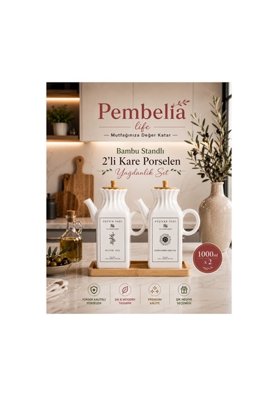 Bambu Standlı 2'li Etiketli Kare Porselen 1000ml Yağdanlık Set Takım Beyaz Beyaz
