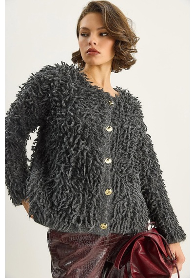 Shade Kadın Oversize Saçaklı Triko Hırka 9062 60283750 - Antrasit