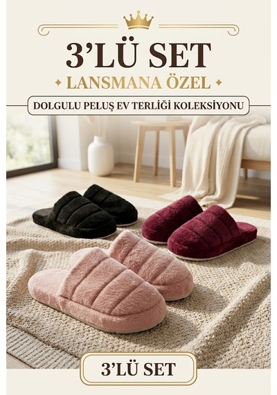3 Lü Avantajlı Paket Kışlık Peluş Desenli Sessiz Ortopedik Taban Çeyiz Misafir Ev Terliği Seti 3'lü Paket Bost