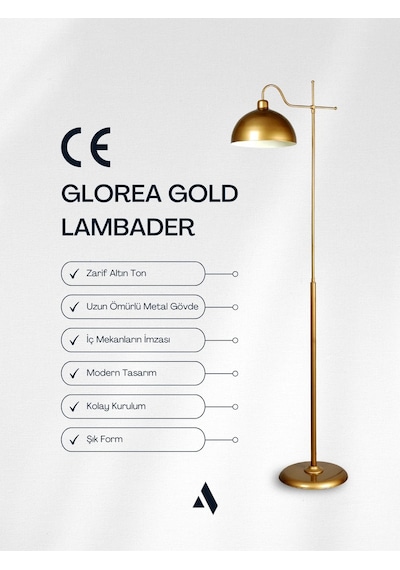 Glorea Metal Lambader Eskitme Gold & Beyaz Modern, Dekoratif Ve Zarif Yer Aydınlatması Gold