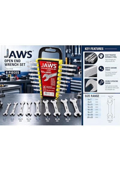 Jaws Açık Ağız Anahtar Takımı, 8 Parça Set, 6x7, 8x9, 10x11, 12x13, 14x15, 16x17, 18x19, 20x22 Mm, Isıl İşlem