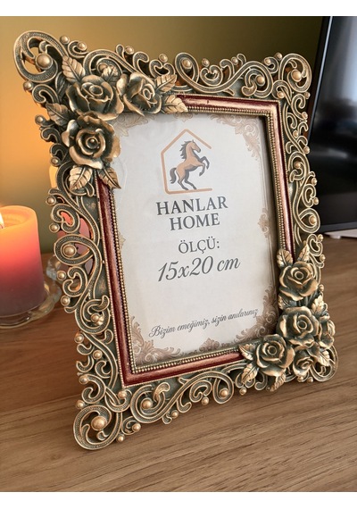 Gülşah 15x20 Cm Vintage Gül Detaylı Eskitme Bronz Çerçeve Barok Tasarım Masaüstü Dekoratif Fotoğraf Çerçevesi
