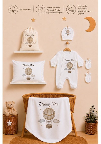 Pia Baby İsme Özel Erkek Bebek %100 Pamuk Hastane Çıkışı Tulum Şapka Eldiven Kıyafet Keseli Hediye Seti 1041tybkyx Krem