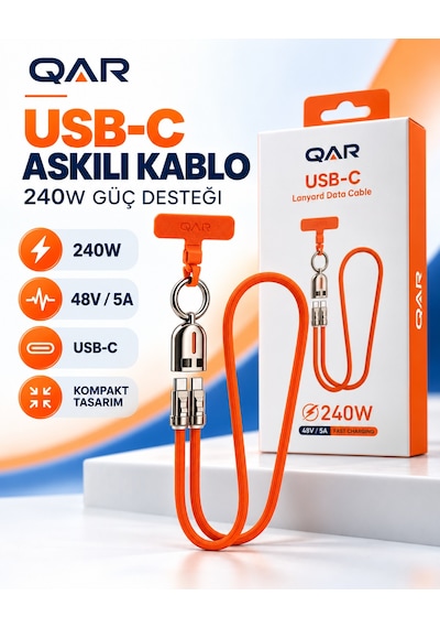Qar Usb-c To Usb-c Askılı Şarj Ve Data Kablosu 240w 48v 5a Hızlı Şarj Örgülü Boyun Askılı Telefon Askı Aparatlı Turuncu