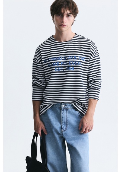 Vamos Oversize Çizgili Sweatshirt Ekru-siyah