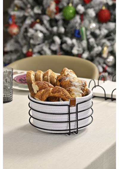Mat Siyah Yuvarlak Ekmek Sepeti Şık,ekmeklik Beyaz Hasır Örmeli Makrome-çok Amaçlı Metal Paslanmaz Siyah - Beyaz