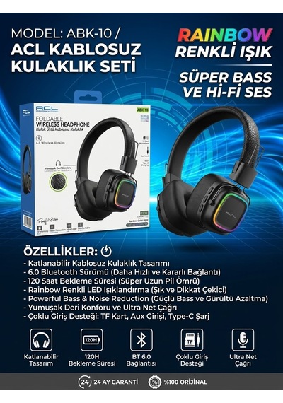 Abk-10 Rainbow Renkli Işıklı Kablosuz Kulaklık Seti - Bayi Depom