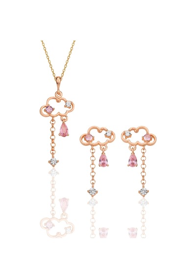 Gümüş Rose Pembe Zirkon Taşlı Bulut Kolye Ve Küpe İkili Set Barcode Pembe Altın