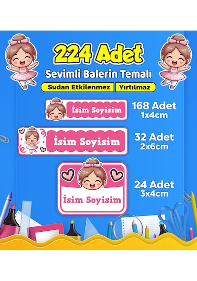 Sevimli Balerin Temalı Okul Kreş Kişiye Özel İsim Etiket Seti - Model 451 Çok Renkli