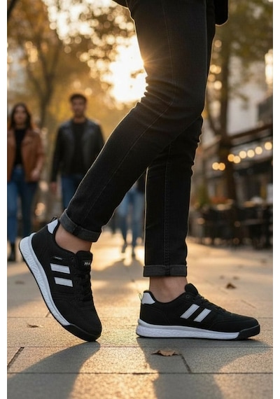 Enoch Erkek Yan Çizgili Yüksek Tabanlı Rahat Yürüyüş Ve Koşu Ayakkabısı Sneaker Siyah