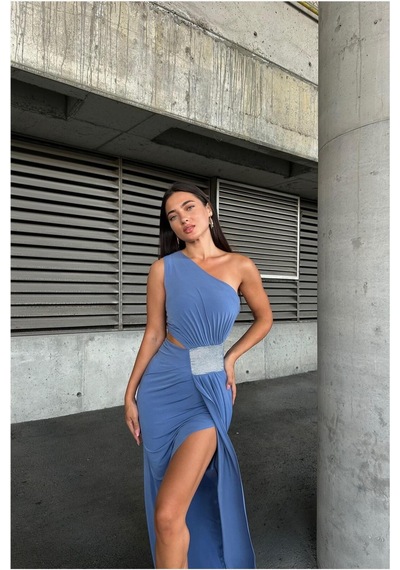 Lior Design Kadın Trend Model Sandy Kumaş Tek Omuz Balık Kesim Abiye Elbise İndigo