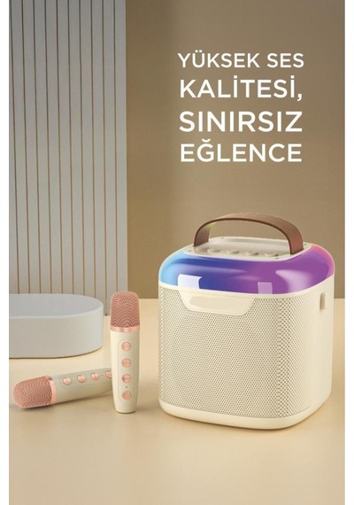 D51 Beyaz Çift Mikrofonlu Kablosuz Parti Hoparlörü