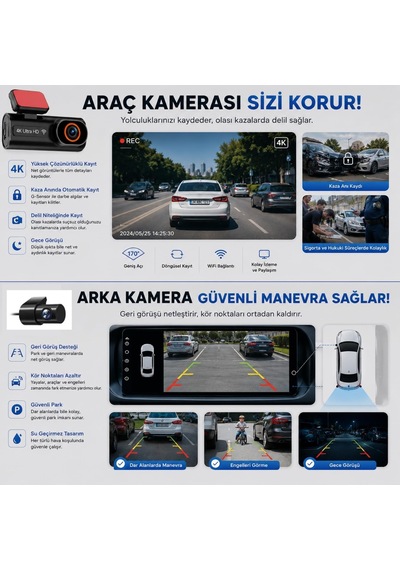 Tr Ultra Hd 4k Mini Ön Ve Arka Araç Kamerası 64gb Hafıza Gece Görüşlü Gps Destekli Kamera