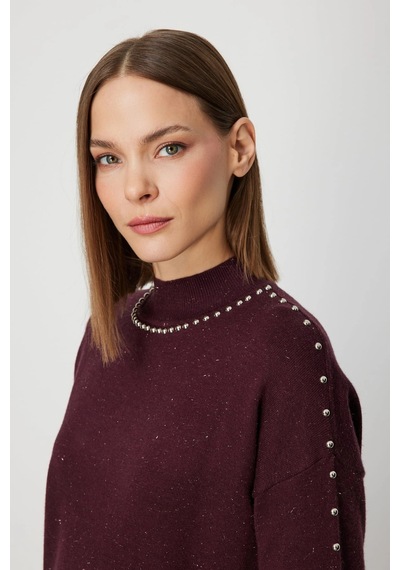 On Fashion Kadın Zımba Detaylı Bordo Kazak 60307 Bordo