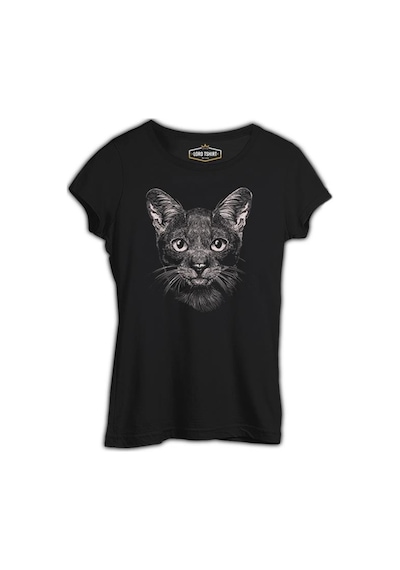Cat Realistic Siyah Kadın Tshirt 001