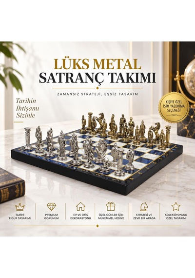 Lüks Metal Satranç Takımı Osmanlı Bizans Figürlü Krom Mavi Mermer Desenli 20x20 Premium Hediye Seti