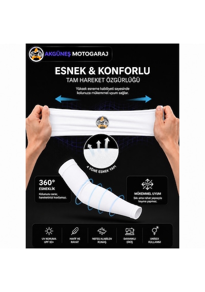 Akgüneş Motogaraj Motosiklet Kol Çorabı Uv Korumalı, Nefes Alan, Ter Tutmayan, Esnek Unisex Kol Kılıfı Beyaz