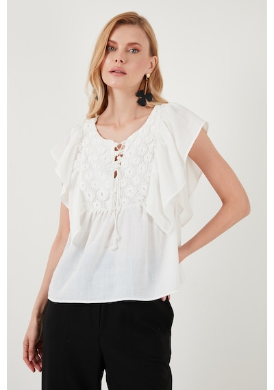 Lela Regular Fit Önden Bağlamalı Volanlı Bayan Bluz 611Fb20064 Ekru