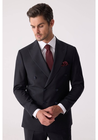 Erkek Lacivert Çizgili Slim Fit %100 Yün Çizgili Kruvaze Takım El