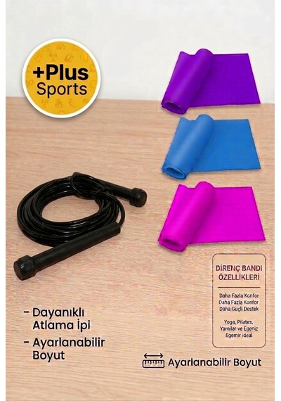 Sporcu Atlama İpi Ve Hafif-orta-sert Direnç Pilates Bandı Seti 3'lü 90 X 7.5 Cm Çok Renkli Çok Renkli