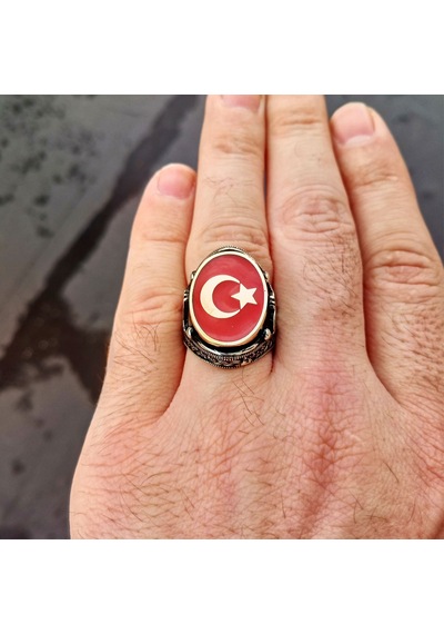 Fkgümüş Kırmızı Mineli Ay Yıldız İşlemeli Erkek Yüzük