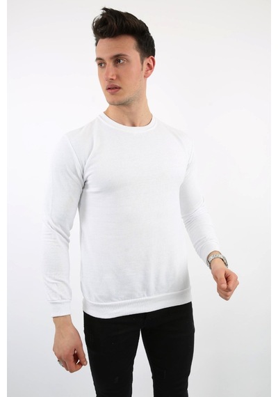 Modish İki İplik Düz Sıfır Yaka Erkek Günlük Sweatshirt Beyaz