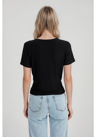 Vitrin Yuvarlak Yaka Önü Büzgülü T-shirt Siyah