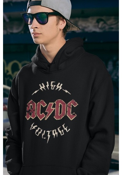 Sevbano High Ac Dc Voltage Yazılı Unisex Oversize Rock Metal Hoodie Siyah