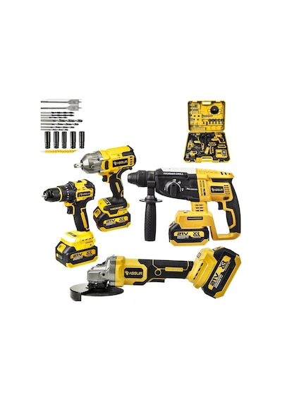 Assur Asr1192 Profesyonel Akülü Kömürsüz 4 Lü Matkap Seti 21v 3ah - 800nm Somun Sökme, 26mm Kırıcı Delici, 13mm Darbeli Vidalama, 125mm Avuç Taşlama Sarı
