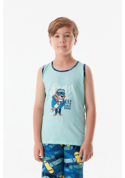 Fullamoda Baskılı Bisiklet Yaka Erkek Çocuk Pijama Takımı 24mıcg631212230-mavi 24MICG631212230-Mavi