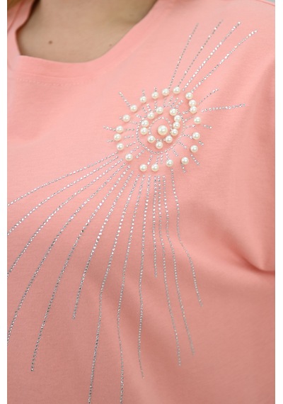 Koza Butik Kadın Büyük Beden Kısa Kollu Taş Ve İnci Baskı Detaylı Oversize T-shirt 1925-25 Saks
