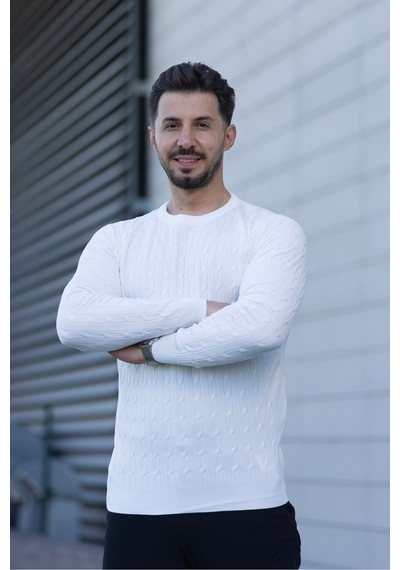 Hk Premium Triko Kazak Fitilli Slim Fit Bisiklet Yaka Likralı Kışlık Sweatshirt Beyaz