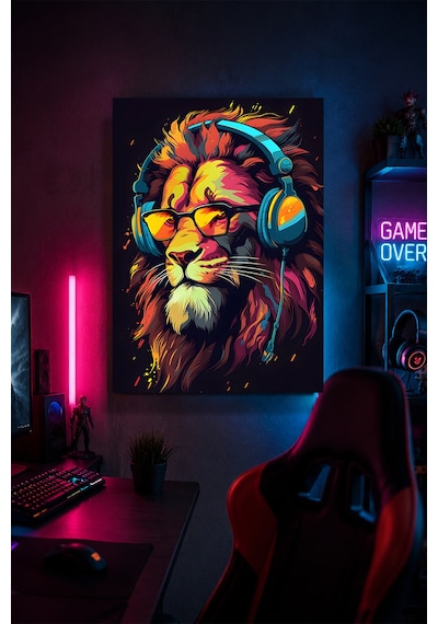 Gaming Aslan Metal Duvar Tablosu Kulaklıklı Gözlüklü Gamer Oda Dekoru 30x40 Cm A3 Boyutunda