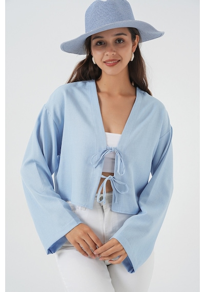 Bigdart Önü Bağlamalı Keten Kimono 960 - Mavi