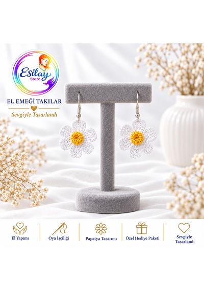 Papatya Bahçesi El Yapımı Tığ İşi İğne Oyası Kolye Ve Küpe Takı Seti Beyaz