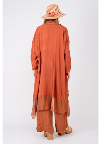 Bohem Stil Italyan Ipek Detaylı Oversize Kap Bluz- Wes Pantolon Takım-8789 Kiremit