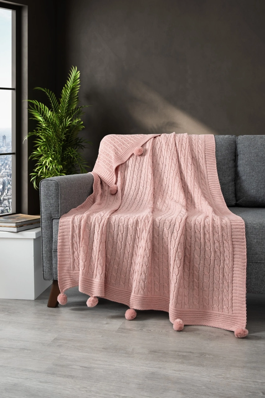 Ponponlu Triko Örme Tv Battaniyesi Örgü Koltuk & Omuz Şalı & Diz Battaniyesi 130x170 Cm-pudra Pudra Pudra