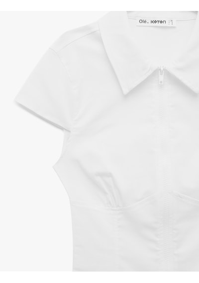 Koton Kısa Kollu Klasik Yaka Fermuarlı Slim Fit Crop Korse Bluz Beyaz 7wal60048ıw