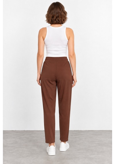 Bihan Store Kadın Beli Lastikli Bağcıklı Viskoz Pantolon W27-1324 - Kahverengi