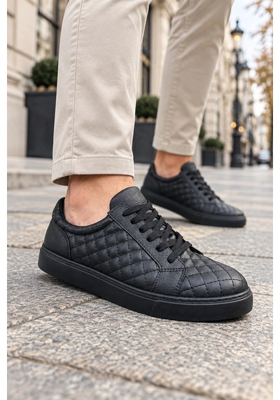 Mevese Egitserp Bağcıklı Cilt Kapitone Desenli Erkek Günlük Sneaker Ayakkabı - Kömür