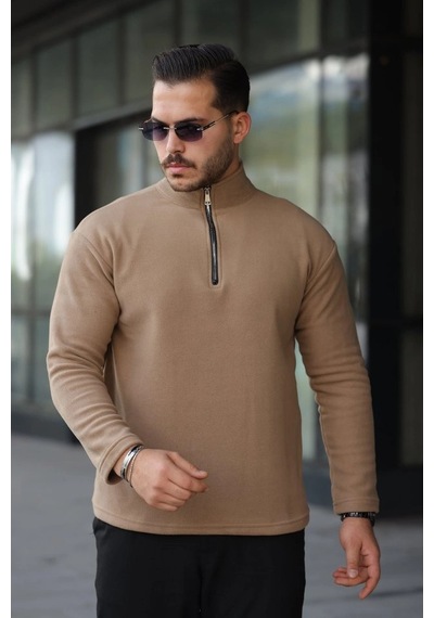 Valensdesign Erkek Zip Yaka Polar Sweat Sütlü Kahve