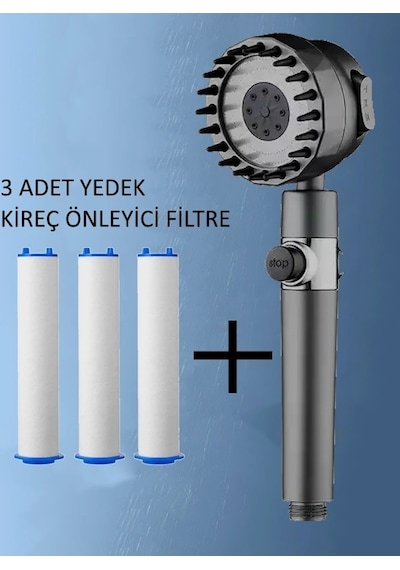 Masajlı 3 Fonksiyonlu Filtreli El Duşu Antrasit + Yedek 3 Adet Filtre Antrasit
