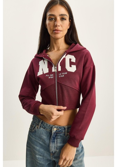 Shade Kadın Nyc Nakışlı Üç İplik Şardonlu Kapüşonlu Crop Hırka 6942 60283794 - Bordo