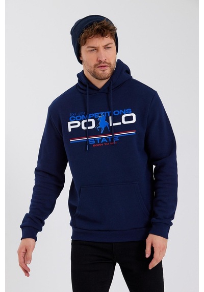 Polostate Erkek Kapüşonlu Baskılı 3 İplik Sweatshirt Lacivert