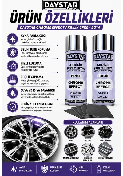 Daystar Jant Boyama Seti 2 Adet Krom Effect Sprey Boya 400 Ml + 4 Adet Zımpara Profesyonel Krom Gö Çok Renkli