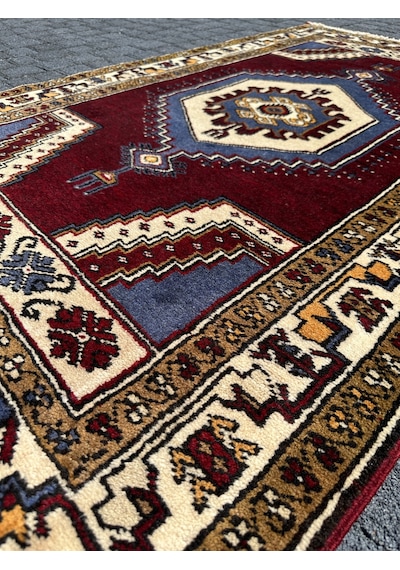 El Dokuma %100 Yün Yahyalı Halısı 100x157 Bordo Mavi Kök Boya Bordo