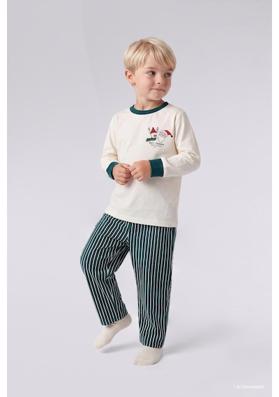 Defacto Baskılı Uzun Kollu Üst Çizgili Alt Flanel 2li Dokuma Pijama Takımı Erkek Bebek I3389a526wner118 Ekru-er118