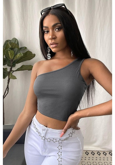 Moda Dua Kadın Koyu Gri Tek Omuz Crop Büstiyer