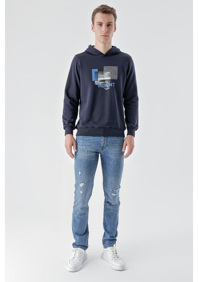 Slimfit Kapşonlu Önü Baskılı 2 İplik Erkek Sweatshirt 001