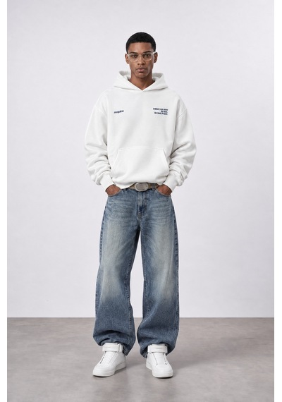 Respire Erkek Notbasic Baskılı Oversize Hoodie Ekru